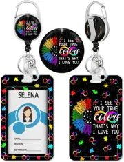 Id Badge Holder, Badge Reel Retractable Keychain, Austim Colorful Card Holder wi