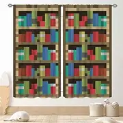 Pixelated Bookshelf Curtains, Pixel Print Game Theme Anime Bookcase Educational Window Drapery Treatments for Kids Boys Girls Teen Bedroom Living Room Classroom Nursery, 42"x54" Inch