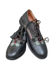 Men's Scottish Tartan Shoes Ghillie Brogues Black Leather Kilt Shoes