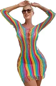 [Generic] Women Rainbow Striped Fishnet Bodysuit Sexy Mesh Mini Dress Bikini Beach Coverups Festival Rave Outfits