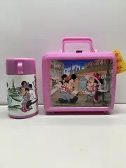 Vintage Mickey Minnie Mouse Le Cafe Aladdin Plastic Lunch Box With Thermos NOS