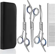 Pet Grooming Scissors for Dogs and Cats Curved Scissors, Straight Scissors, Thinning Scissors and Comb Set with Safety Rounded Tip and Storage Bag, Sharp and Durable Stainless Steel