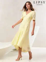Lipsy Buttermilk Yellow Premium Broderie Lace Short Sleeve V-Neck High Low Midi Dress (AV7071) | $358