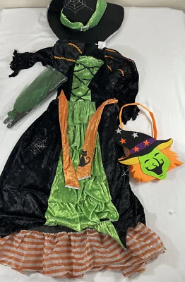 Halloween Witch Costume Girls Kids Dress Witch Hat Broomstick Candy Bag size L