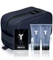 New {YSL} Y 6 Pc Gift Set Navy Pouch + Vial EDP + After Shave Balm + Shower Gel