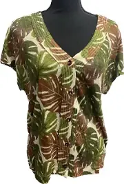 Tahari Brown Green Tropical Leaf Button Down Short Sleeve Linen T-shirt Top M