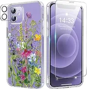 bicol for iPhone 12 Mini Case with Screen Protector and Camera Lens Protector - Fashionable Flower Floral Designs for Women Girls - Shockproof Acrylic Clear Phone Cover 5.4" - Blooming Flowers