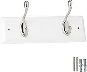keypak 2-Hook Door Wall Mounted Coat Rack, 22.5cm - White Wooden Board, Satin Nickel Coat Hooks - Fixings Included