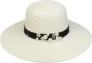 [Xiang Ru] Womens Pearl Band Straw Hat Large Floppy Foldable Roll up Beach Cap Sun Hat Summer UV Protection Beach Cap