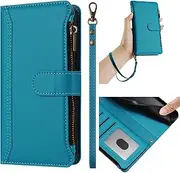 [Nexue] Case for iPhone 13,Wrist Strap Crossbody Strap, Wallet Phone Case Card Holder PU Leather Kickstand Zipper,Light Blue