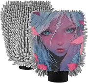 XYMZR Absorbent Microfiber Car Wash Mitt Anime Woman Leaf, Funny Cute Anime Scratch Free for Cars Cleaning, Home Cleaning Mitts, 2 Pack, 10.24” L x 7.09” W