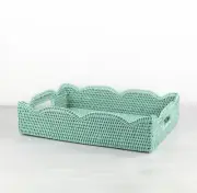 NEW Waved Edge Tight Woven Rattan Tray with Handles, Medium, Sage Leaf