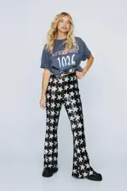 Nasty Gal Star Sequin Pants Black White Retro Flare Wide Leg 14