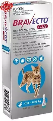 Bravecto Plus 3 Month Cat Spot On Tick & Flea Treatment 2.8-6.25kg Medium Blue
