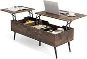 [Costway] Lift Top Coffee Table w/Storage, Heavy-Duty Metal Frame Tea Table Center Table w/Hidden Compartments & 2 Lift Tops, Multi-Functional Home Center Accent Table for Study (Rustic Brown)