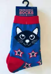 Patriotic Black Cat Socks Red White Blue Stars Crew New