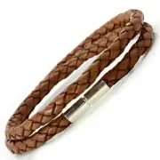 Mens Leather Bracelet With Sterling Silver Twist Clasp Braided Light Brown