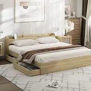 Oikiture King Bed Frame with Bed Head Shelf and Two Drawers Pine Wood Frame Platform Bed, Wooden
