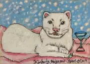 ACEO White Ferret Drinking a Snowball Martini Art Print 2.5x3.5 Signed by Artist