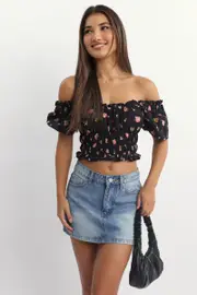 Black Ditsy Shirred Top Short Sleeve Square Neck Frill Details - Size 14L, Women's Top