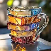 3D Stacked Books Coffee Mug - to Colourful Novelty Book Lover for Teachers & Literary Friends, Creative Ceramic Reading Cup with Vibrant Hand-Painted Designs, Ideal Book-Themed Tea Cup (A)