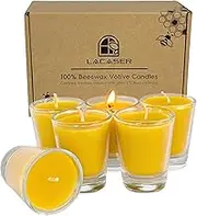 Pure Beeswax Votive Candles in Glass Cup, 6 Pack Bulk Bees Wax Candles for Home, Natural Honey Scent, Bee Themed Gifts for Bee Lovers, Burning Time 12 Hours, Natural Yellow