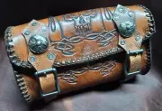 leather tooled motorcycle tool bag handlebars viking skull chopper bobber USA