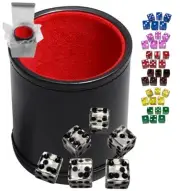 (6) 16mm Transparent Dice + Black PU Leather Red Felt Lined Cup (Gift Boxed)