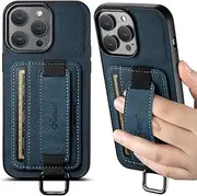 Jarttarn Leather Case for iPhone 16 Pro Max (2024),Frosted Anti-Fall Protective Phone Case with Wrist Strap & Card Slot,Shockproof Protective Back Cover (Blue)