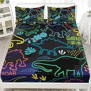 AILONEN Dinosaur Fitted Sheet Set, 1 Fitted Sheet and 2 Pillowcases with Colorful Dinosaur Print