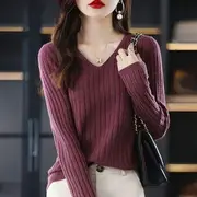 Long-Sleeve V-Neck Plain Ribbed Knit Top Fuchsia - One Size
