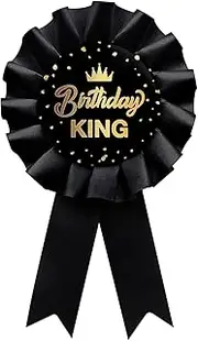 [WIDEIDEAL] Birthday King Tinplate Badge Pin, Black Satin Fabric Happy Birthday Rosette Button Pin Boy or Men Party Decorations Sign, Plastic, no gemstone