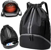Drawstring Backpack Sports Gym Bag with Shoes Compartment, Waterproof Draw String Back Bag for Men Women