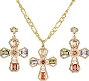 [ZDIFDIC] 14k Gold Plated Colorful Crystal Cubic Zirconia Boho Dangling Classic Cross Jewelry Sets Statement Pendant Necklace Stud Earrings Set for Women Fashion CZ Rhinestone Charms Drop Punk Jewelry Gifts