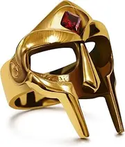 [Yumikoo] DOOM Mask Ring for Men Gladiator Style Ruby Golden Titanium Stainless Steel Ring