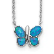 Sterling Silver Rhodium Plated Created Opal Butterfly Inlay Necklace