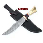 Rare!! Handmade Damascus Hunter Bowie Knife Stag/Antler Handle Free Sheath.