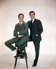 American actors Tony Curtis and Jerry Lewis in Boeing Boeing 1960s Old Photo