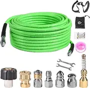 Sewer Jetter Kit 100FT for Pressure Washer 5800PSI Drain Cleaner Hose With 1/4 Inch Female NPT Button & Nose Rotating Sewer Jet Nozzle Pressure Washer quick connect Set（Green）