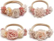 LICHUANUK Pack of 4 Baby Girl Flower Headbands with Stain Band, Elastic Nylon Hairband, Newborn Headband, Baby Hair Accessories for Party, Wedding, Family Photo