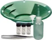 Sluice Monkey 10" Green Pan, 4 oz Sniffer Bottle, 3 Glass Vials, Funnel, Tweezer