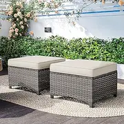 MaxMulti 2 Pieces Patio Ottomans, Outdoor Wicker Footrest Seat with Removable Cushions, Multipurpose Patio Furniture for Outdoor, Backyard and Deck Use (Beige)