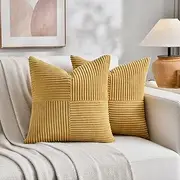 FDTERN Set of 2 Turmeric Corduroy Cushion Covers, 60 x 60 cm, Soft Modern Decorative Cushion Covers, Decorative Cushion Cover, Sofa Cushion, Decorative Cushion, Boho Autumn Decoration for Sofa,