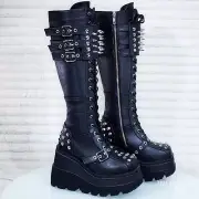 Shaker 225 Black Matte Platform 4.5" Wedge Heel Spiked Knee Boots NY DEMONIA