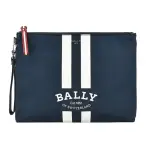 【BALLY】BALLY FHOLLER白字LOGO拉鍊白條紋尼龍男士手拿包(深藍)