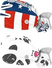 [WOSHJIUK] Working Hat 2 Pack Scrub Caps for Women,Independence Day 4th of July Flag,Tie Back Cap Adjustable Scrub Hat