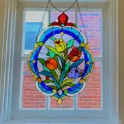 Tiffany Style Stained Glass Oval Tulip Suncatcher Window Panel Hanging 15x22in