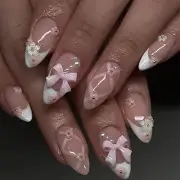 Almond White Press on Nails Short Medium French Tip Fake Pink White 3D Flower
