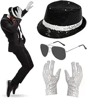 4Pcs MJ Costume Accessories, 80s Dancer Rocker Star Cosplay Set with Jazz Sequin Hat Gloves Silver Framed Sunglasses, King of Pop Fancy Dress Set for 80 Theme Party Carnival Dance Party
