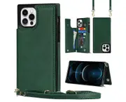 For iPhone 12 Pro Max Wallet Case with Strap - Green